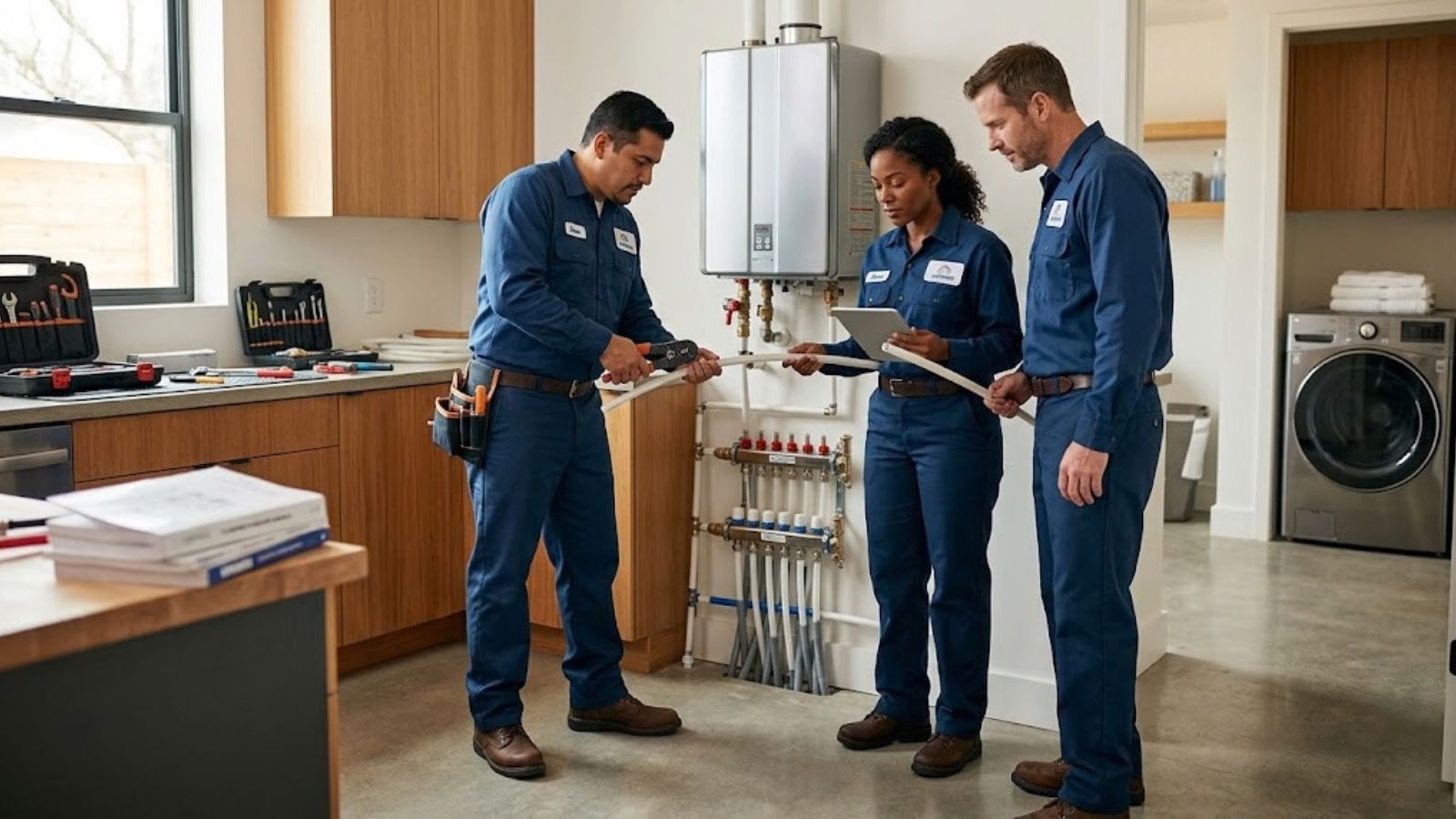 Plumbing technician at work in a Westminster-area home