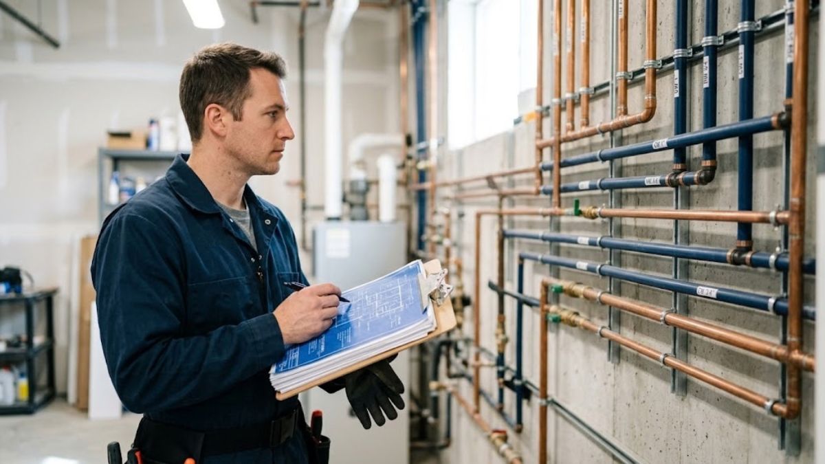 Plumber inspecting completed pipe work