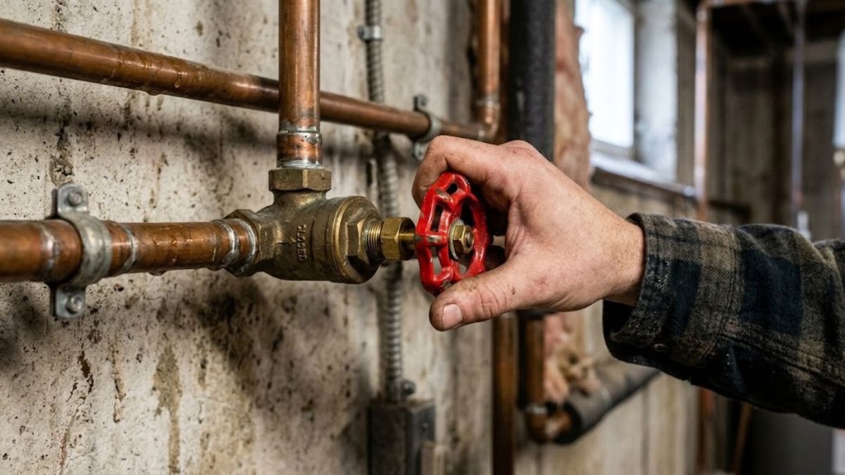 Hand closing a main water shutoff valve