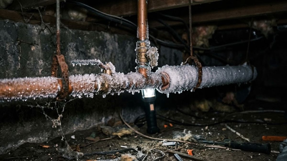 Frozen exposed pipe in a crawl space