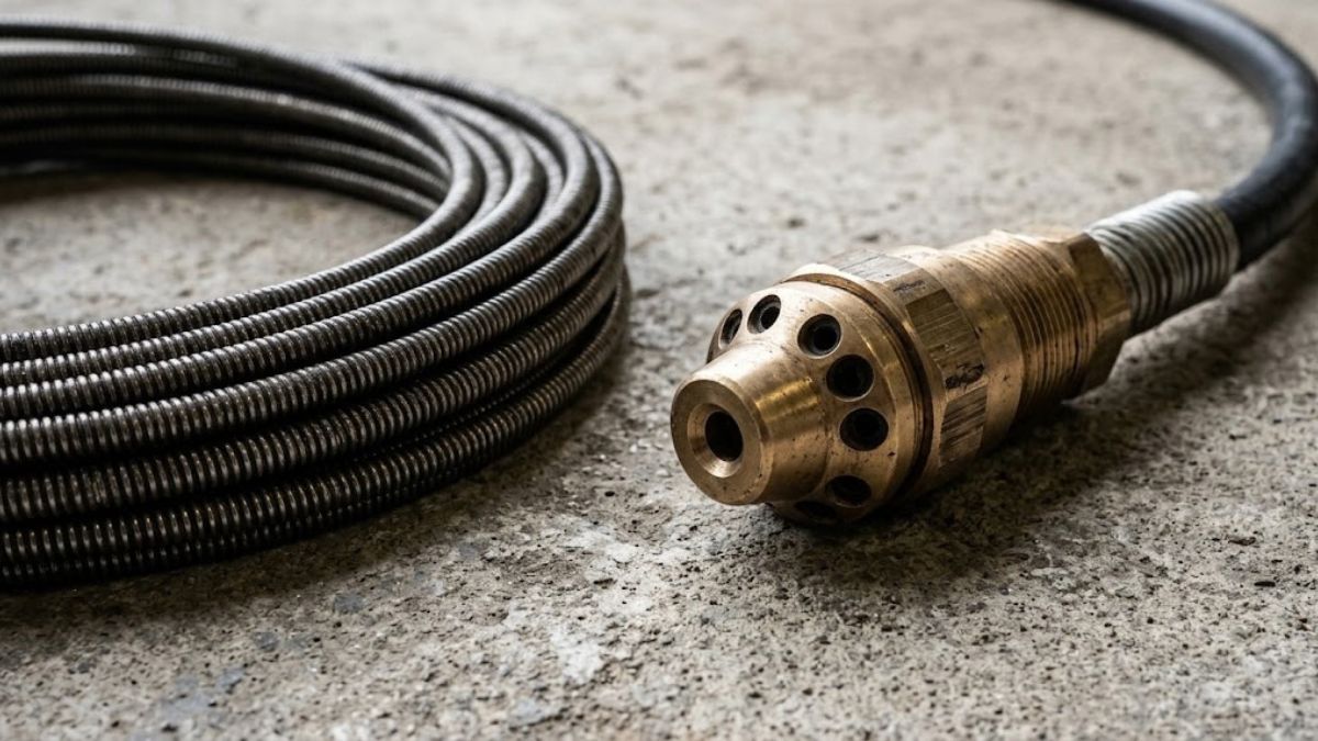 Drain cable next to a hydro jetting nozzle