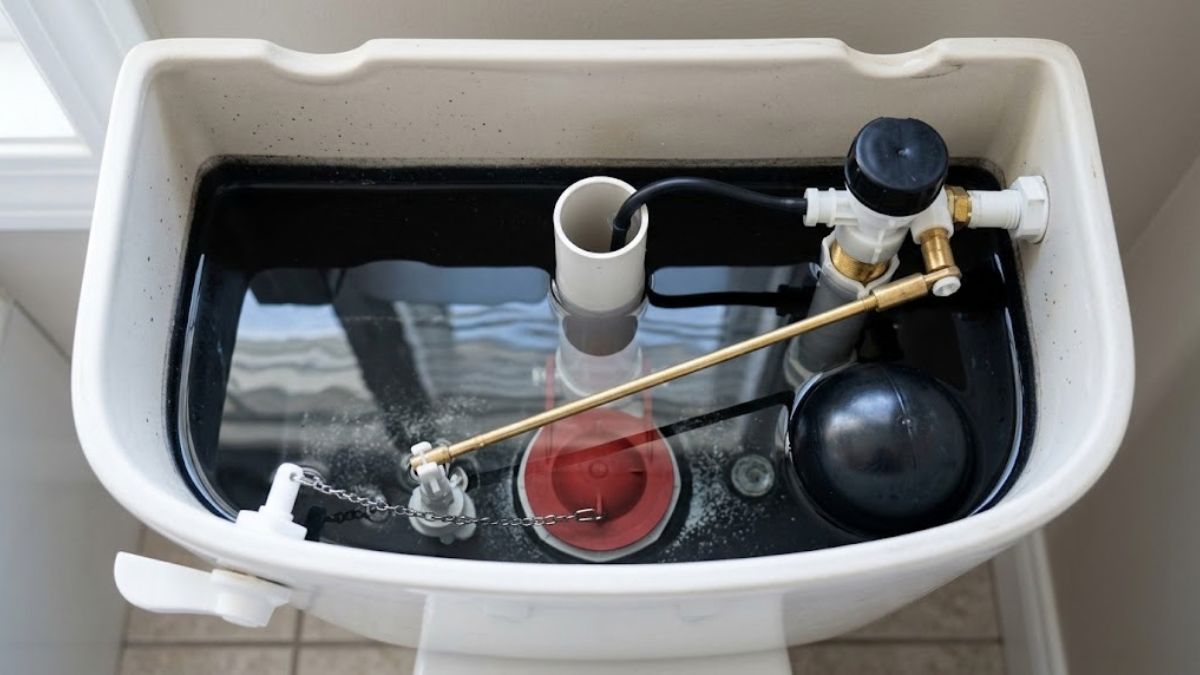 Toilet tank with flapper and fill valve