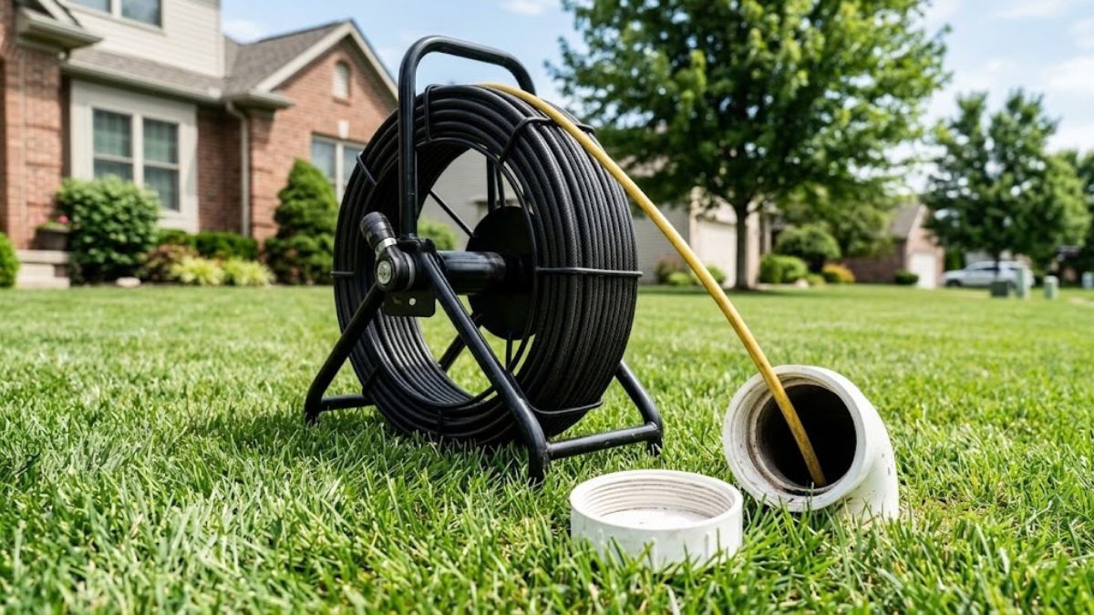 Sewer line repair equipment in a residential yard