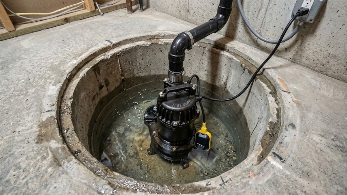 Sump pump in a basement pit