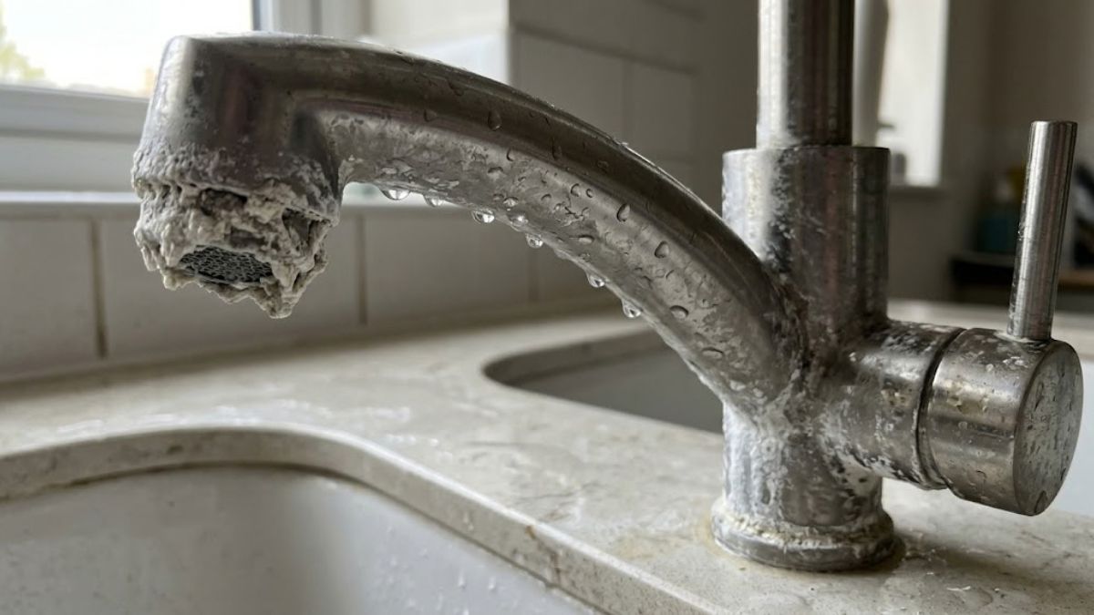 Hard water mineral buildup on a faucet