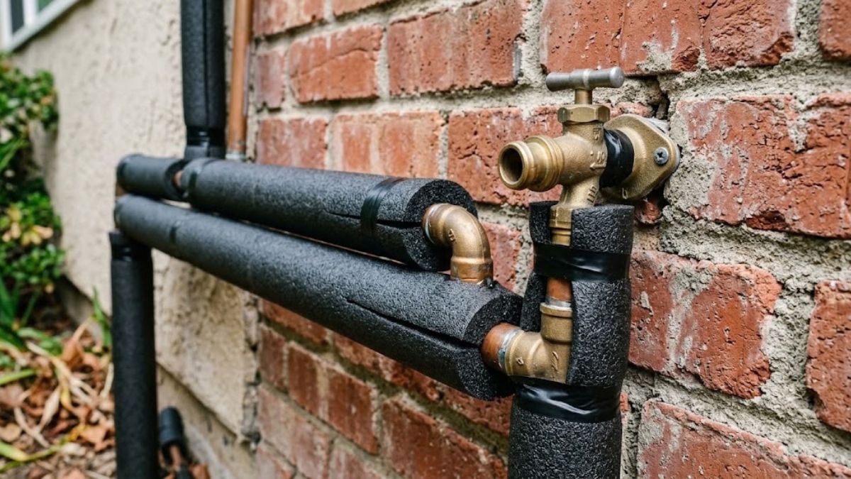 Foam insulation on an exposed water pipe