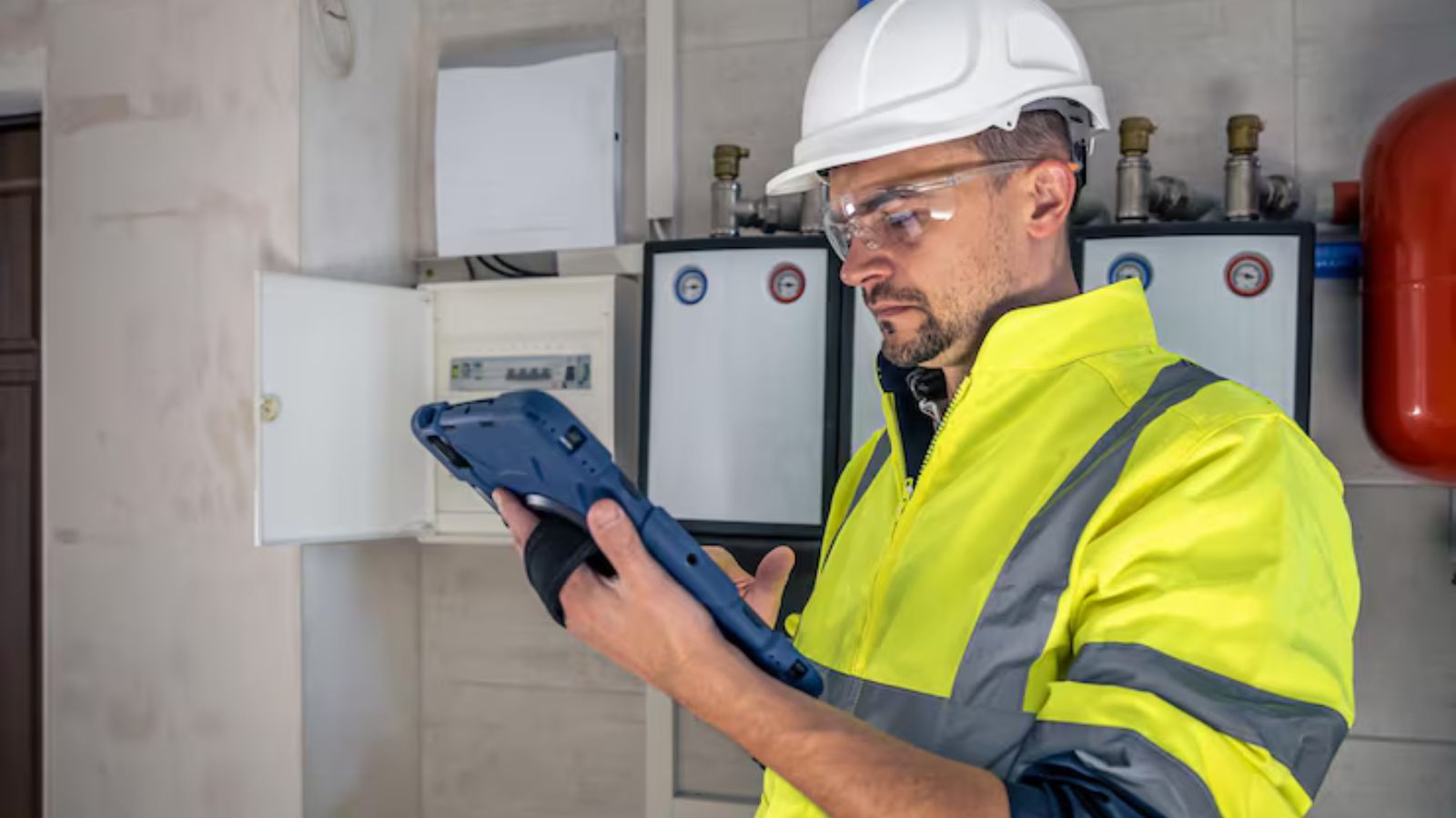 Technician inspecting a residential boiler