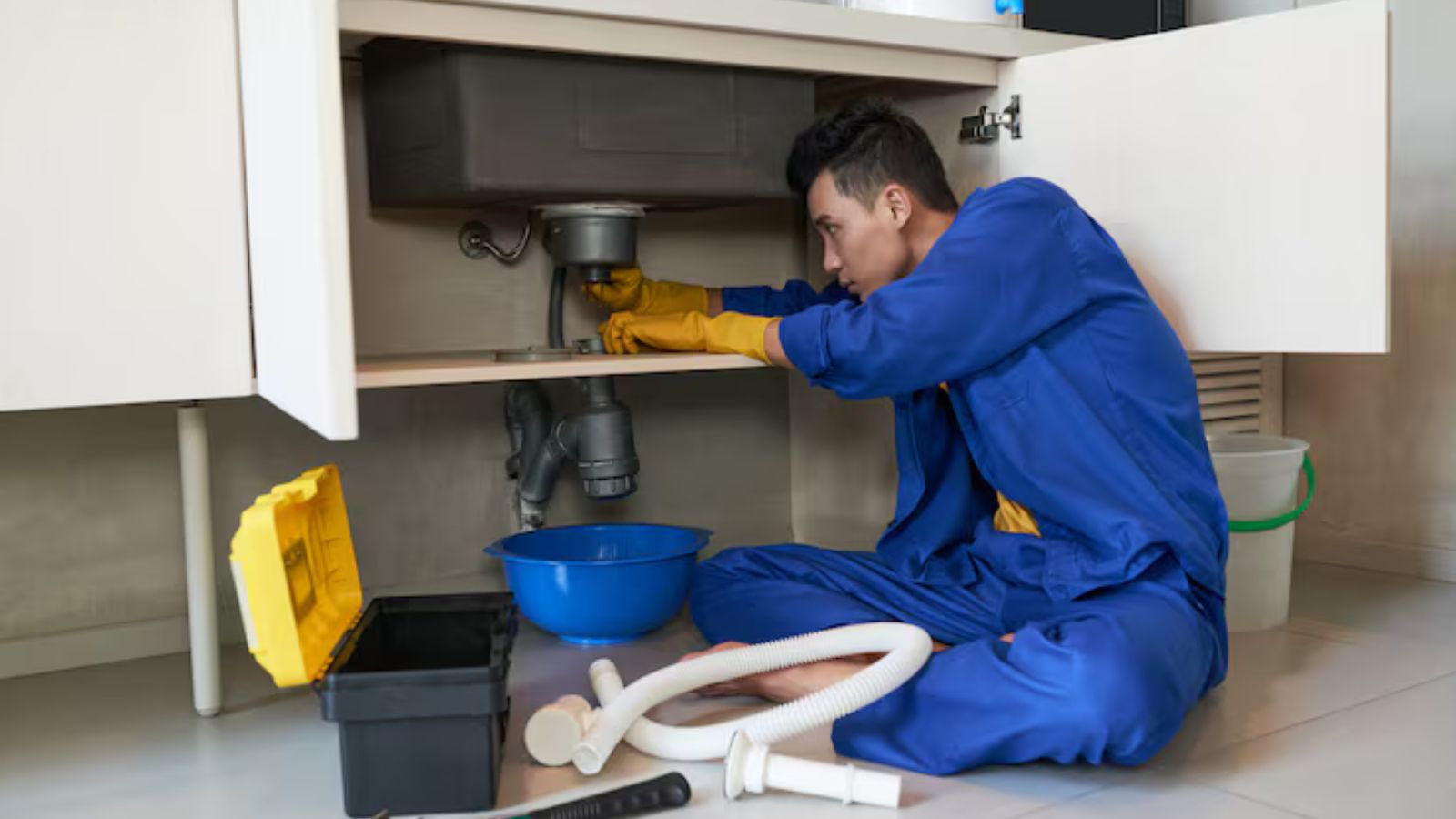 Plumber clearing a clogged household drain