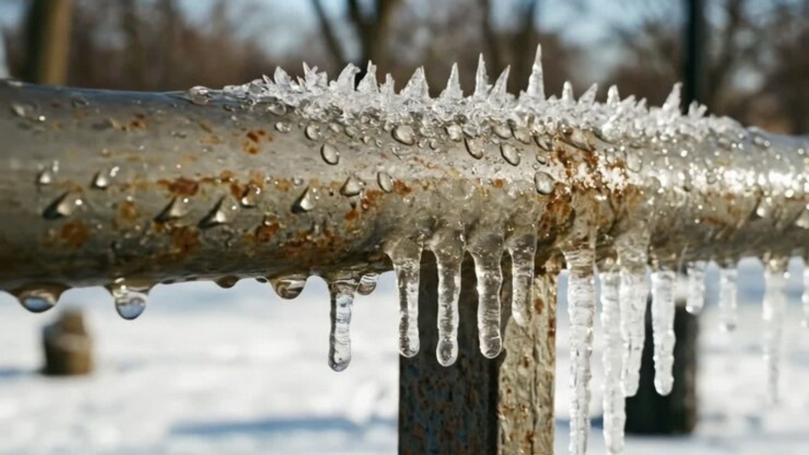 Frost-covered exposed water pipe
