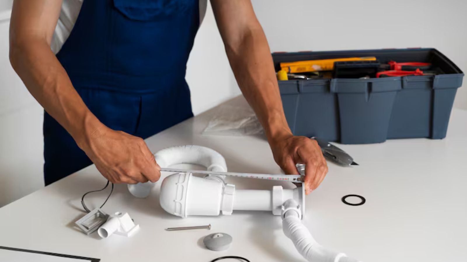 Garbage disposal being installed under a kitchen sink