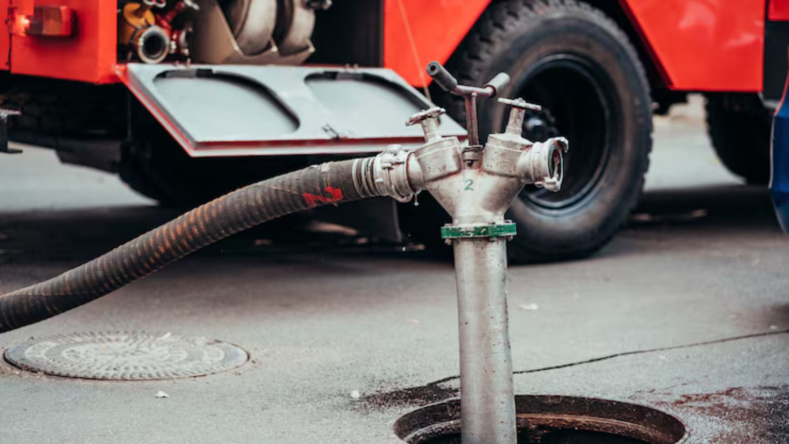 Hydro jetting equipment used to clean a drain line