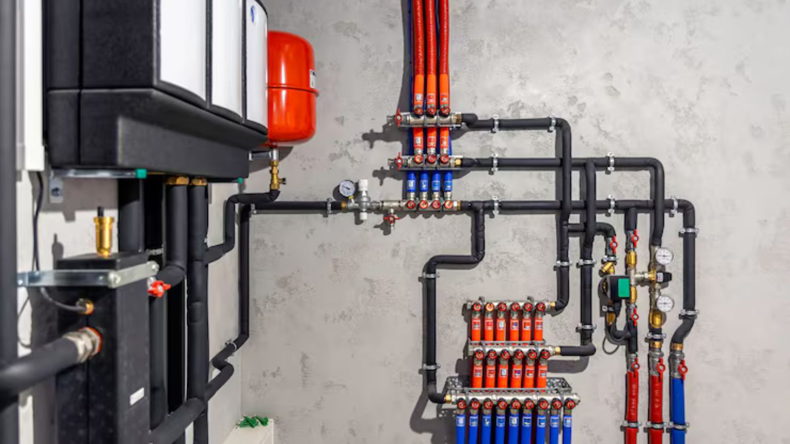 Wall-mounted tankless water heater in a home utility area