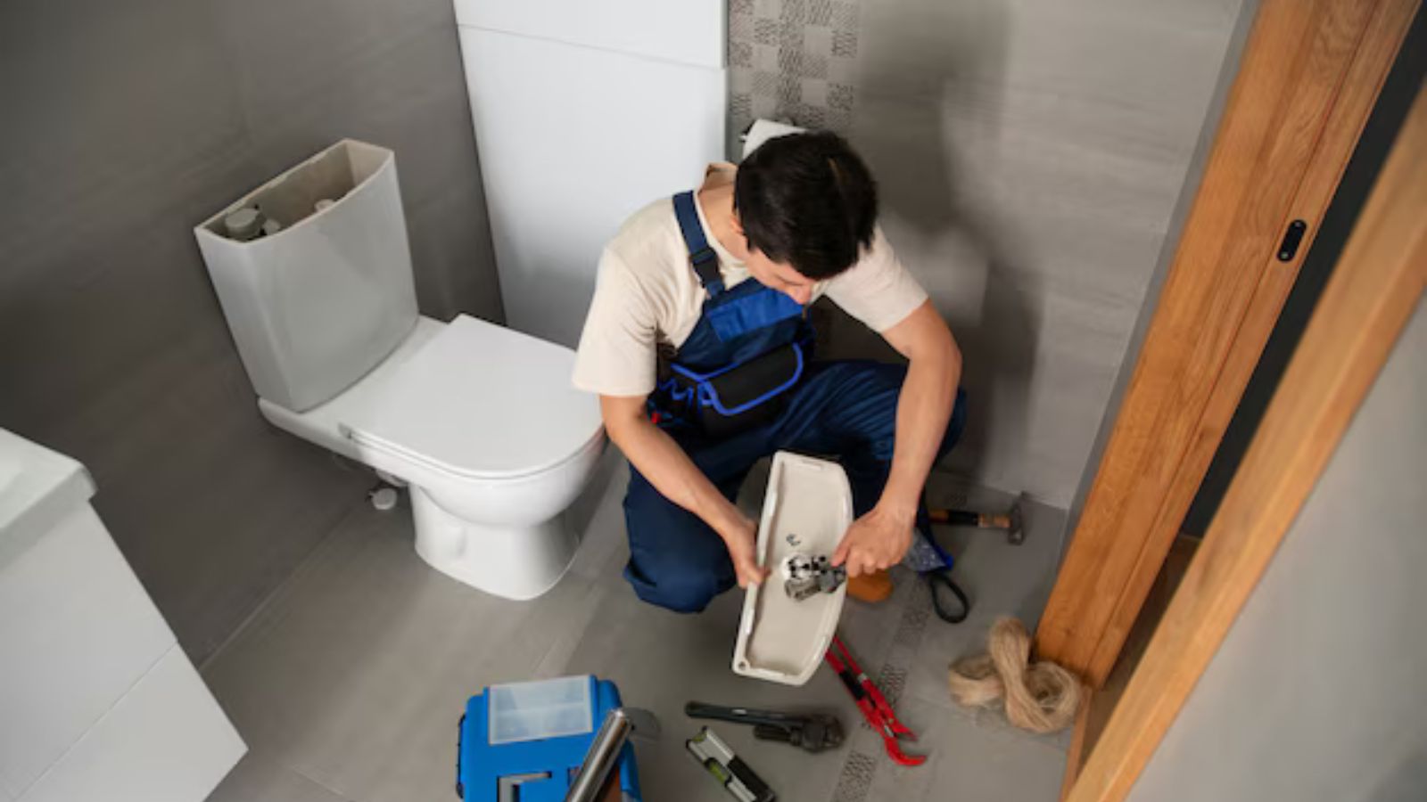 Plumber installing a residential toilet