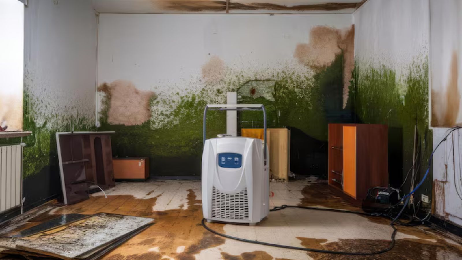 Drying equipment set up in a home after water damage