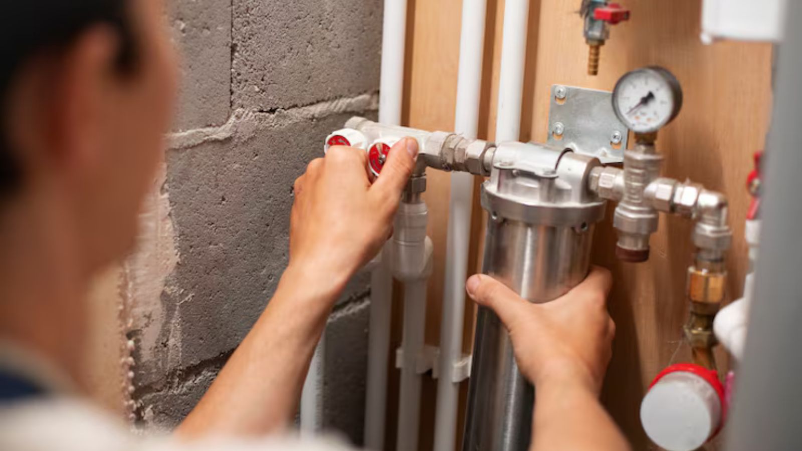 Plumber repairing a residential water heater